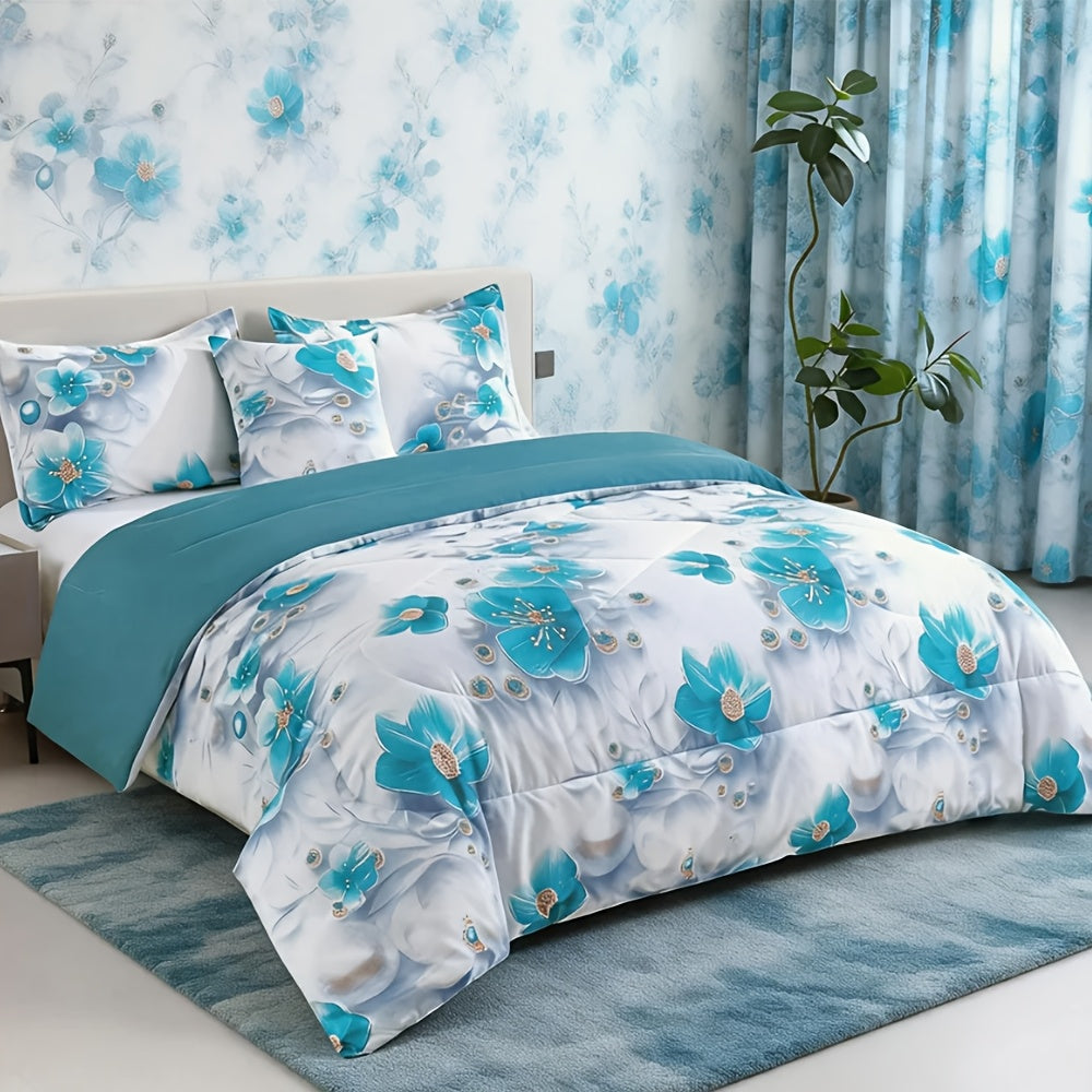 Botanical Floral Comforter and Pillowcase Set in Pink, Cyan or Lake Blue with Twin, Queen and King Sizes