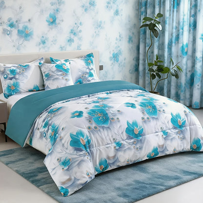 Botanical Floral Comforter and Pillowcase Set in Pink, Cyan or Lake Blue with Twin, Queen and King Sizes