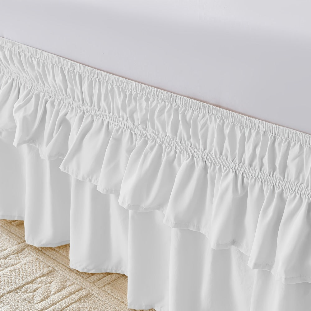 Double Ruffle Bed Skirt 16" Drop, Elastic Wrap Around Dust Ruffle for Twin Full Queen King Bed, Easy Install Linen Poly Blend Bedskirt