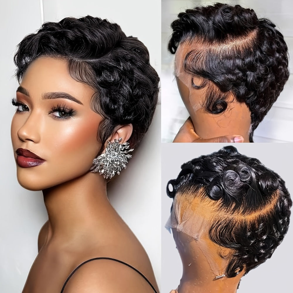 Pixie Cut Wig Human Hair 13x4 HD Lace Front Short Curly Body Wave Loose Deep Wave Finger Wave, for Home, Travel and Salon Hair Styling