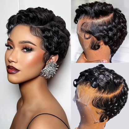 Pixie Cut Wig Human Hair 13x4 HD Lace Front Short Curly Body Wave Loose Deep Wave Finger Wave, for Home, Travel and Salon Hair Styling