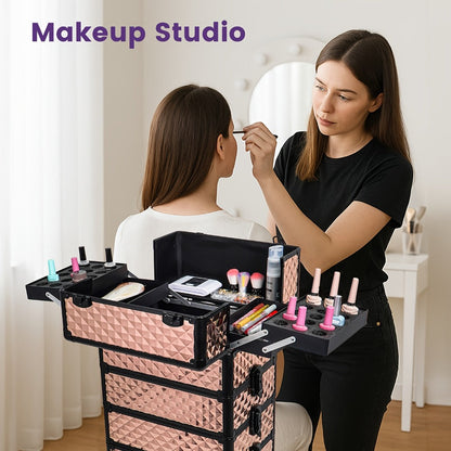 Rolling Makeup Train Case 4-in-1 Large Portable Cosmetic Trolley with 360 Degree Swivel Wheels Beauty Sponge Included Professional Salon
