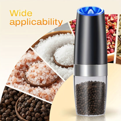 Electric Salt and Pepper Grinder Set with Two Black Gravity-Activated Mills, LED Lights and Grind Dial