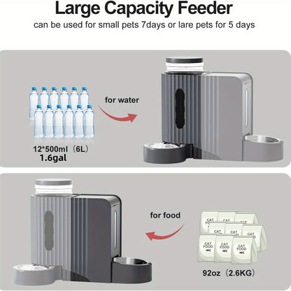 Gravity Dog Water Dispenser & Feeder 2-in-1 Set – 1.59 Gal Water + 5.73 lb Food, Automatic No-Electric Gravity Feeding Station with 304