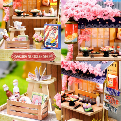 DIY Miniature Shop Dollhouse Kit with Dust Cover, Wooden Mini Store Assembly Set, 4 Themes Sakura Noodles Candy Atelier Coffee