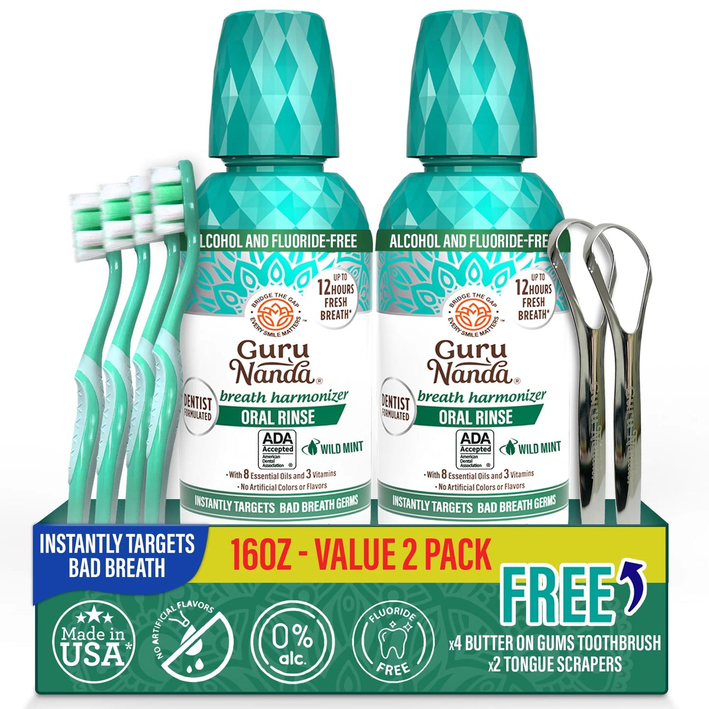 GuruNanda Alcohol Free Mouthwash 2 Pack 16 oz Each Fluoride Free Oral Rinse with 8 Essential Oils Sodium