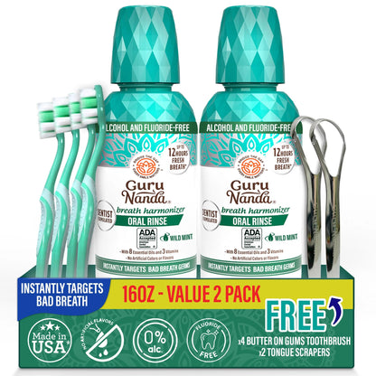 GuruNanda Alcohol Free Mouthwash 2 Pack 16 oz Each Fluoride Free Oral Rinse with 8 Essential Oils Sodium