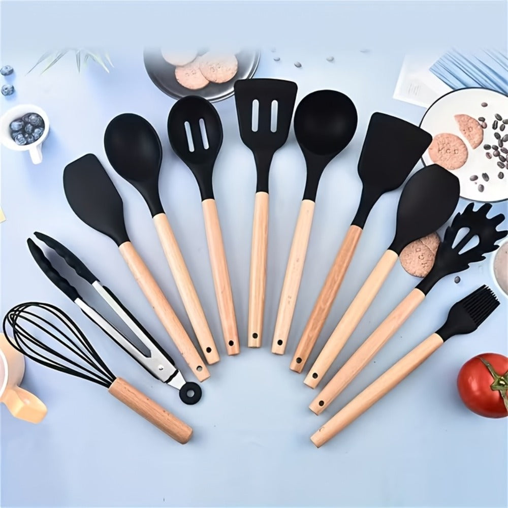 19-Piece Non-Stick Silicone Cookware Set with Bamboo Storage, Knives & Wooden Handle, Pots, Pans & Utensils for Induction & Oven