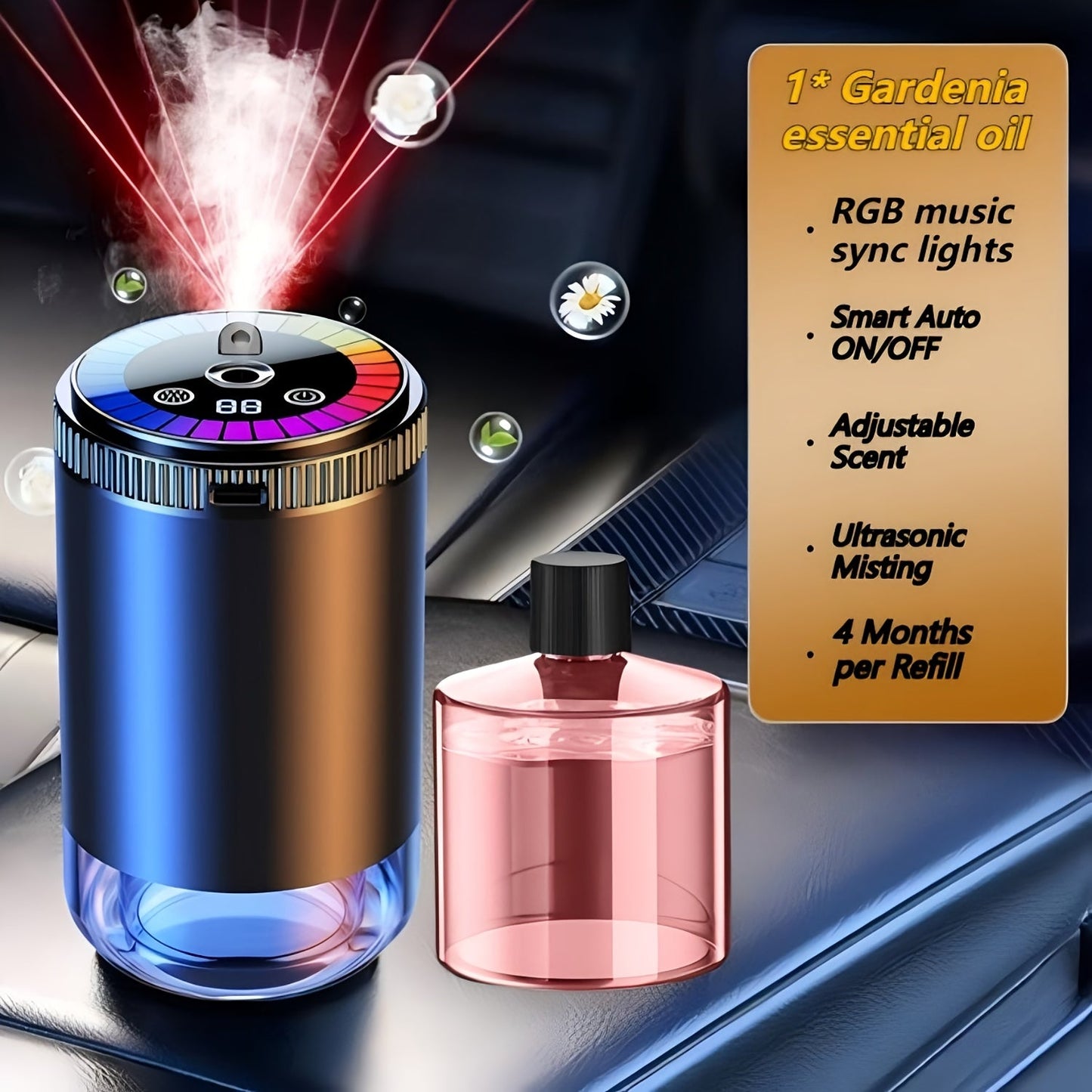 Car Aromatherapy Diffuser with Dynamic Light Show & Starry Sky Projector – USB Rechargeable Air Freshener, Essential Oil Perfume