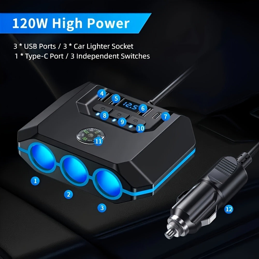 Car Cigarette Lighter Splitter 3-Socket 120W Power Outlet Adapter | QC3.0 + PD USB Ports | 12V/24V Voltage Monitor Independent Switch Car