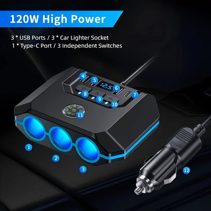 Car Cigarette Lighter Splitter 3-Socket 120W Power Outlet Adapter | QC3.0 + PD USB Ports | 12V/24V Voltage Monitor Independent Switch Car