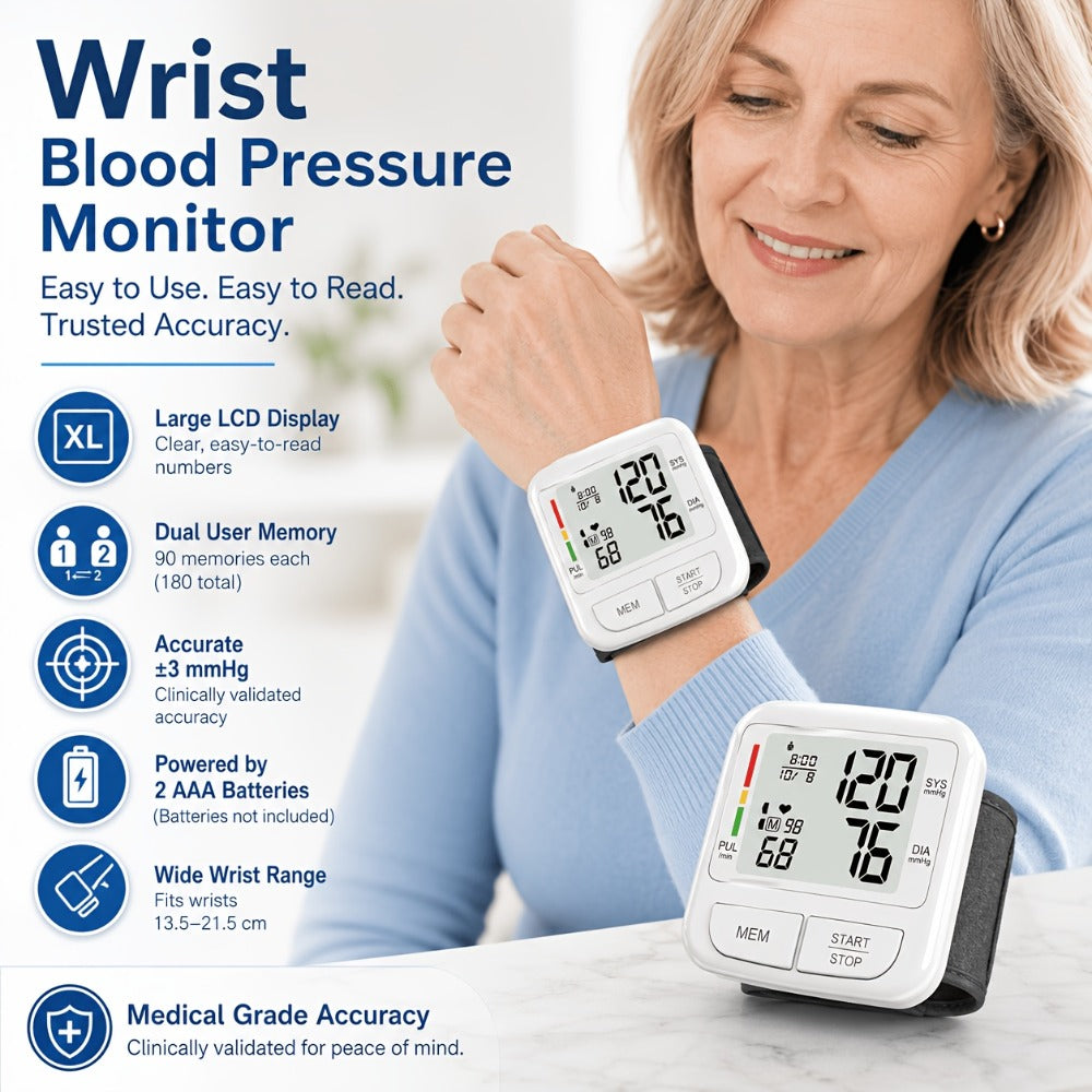 Blood Pressure Monitor Upper Arm Wrist Digital BP Machine LCD Backlit Display 2x90 Memory for Entryways, Bedrooms and Living Spaces