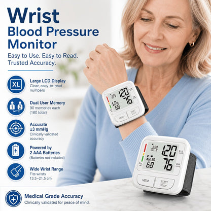 Blood Pressure Monitor Upper Arm Wrist Digital BP Machine LCD Backlit Display 2x90 Memory for Entryways, Bedrooms and Living Spaces