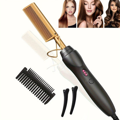 Electric Hot Comb Hair Straightener Ceramic Copper Heating Plate Portable Heat Press Comb for Home, Travel and Salon Hair Styling