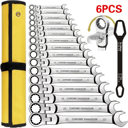 Six-Piece Metric Double-Ended Ratcheting Wrench Set with Flexible Heads, 6–10 mm Sizes and Roll Pouch