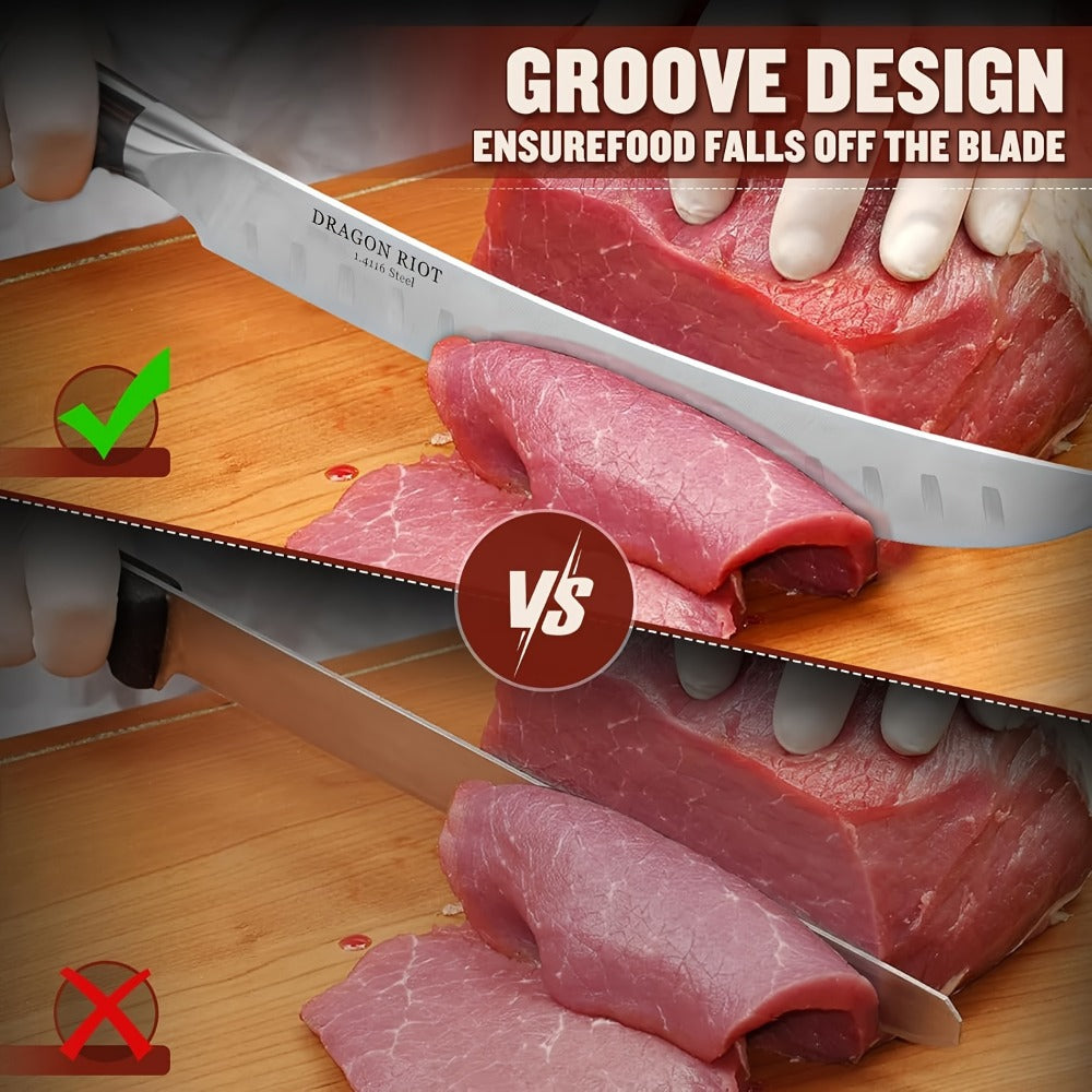 Brisket Carving Knife 10 Inch, High Carbon Steel Granton Edge Slicing Knife, Hand Forged Meat Carving Knife with Wood Handle for BBQ