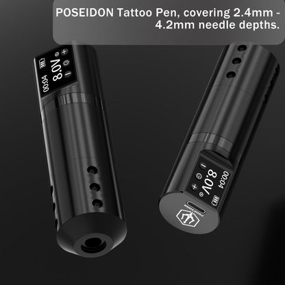 Wireless Tattoo Machine Kit Complete - POSEIDON V5 Rotary Pen with LCD Screen 1500mAh for Temporary Body Art, Festivals and Costumes