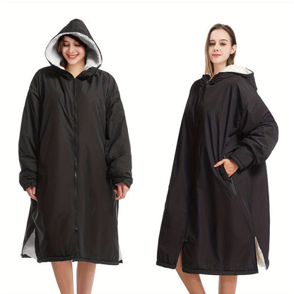 Changing Robe Fleece Lined Hooded – Long Sleeve Windproof Warm Surf Poncho for Swimming, Surfing, Diving, Camping & Hiking – 43.3x31.5in