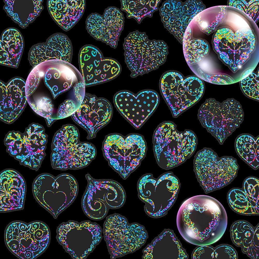 Holographic Heart Stickers 50pcs Laser Sparkling Love Decals for Laptop Phone Water Bottle Guitar Car Luggage