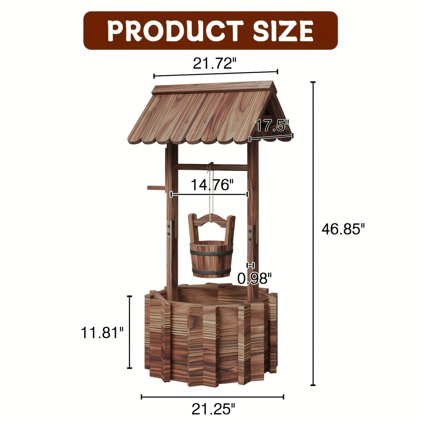 Wishing Well Planter Outdoor Wooden Rustic Garden Decor with Hanging Bucket Barrel Style for Patio Lawn Yard