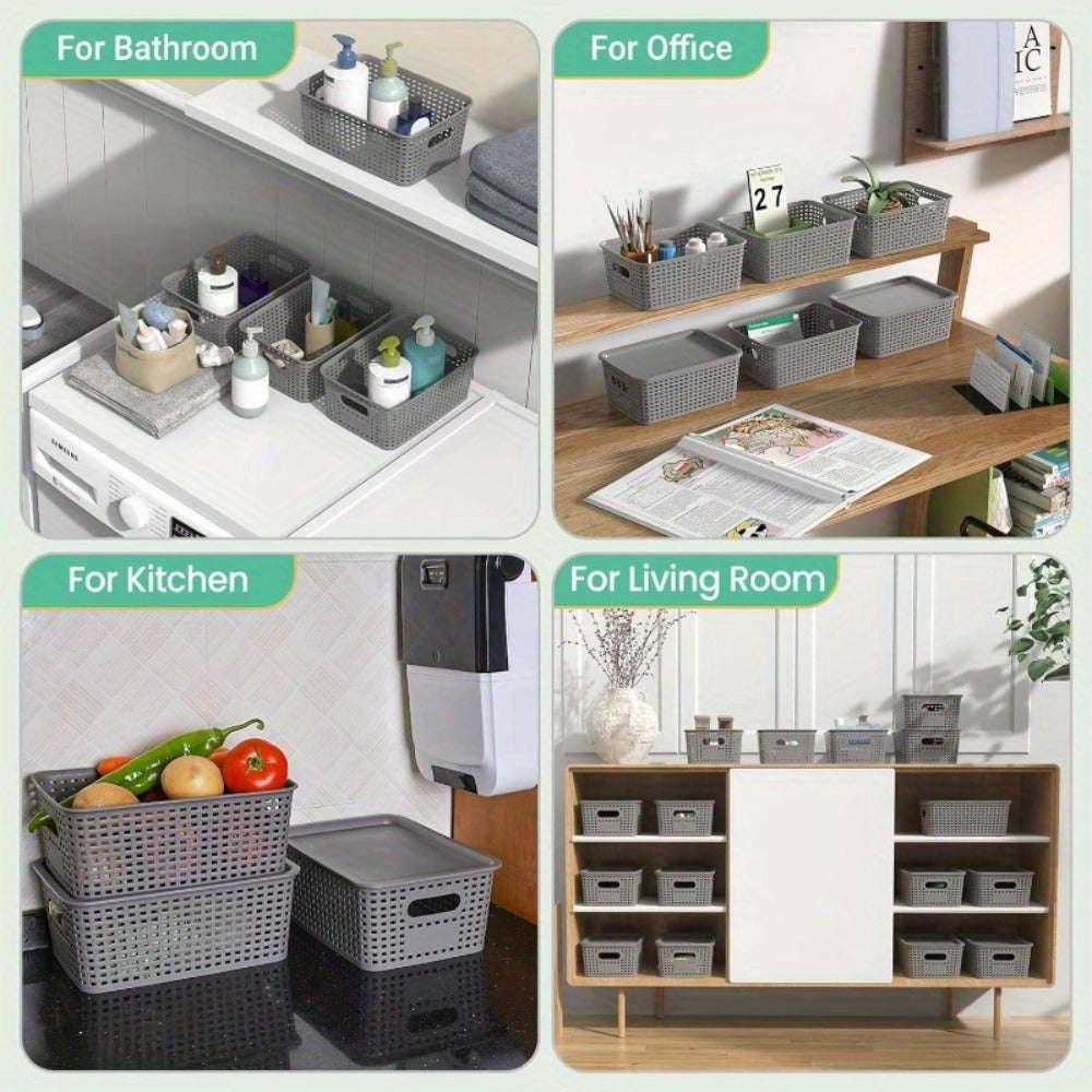 Shelf Storage Organizer Bins with Lids 4 or 8 Pack, Stackable 10 x 7 x 4 Inch Boxes in Four Colors