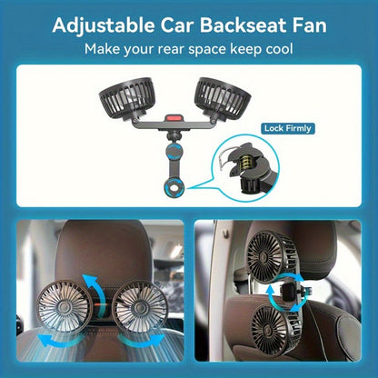 Car Fan for Back Seat – Dual Head USB Cooling Fan, Foldable 360° Rotation, Ultra-Quiet Motor, 70-Inch Cord, for Vehicle, Home & Office Use