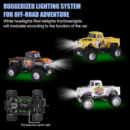 RC Monster Truck 1:64 Scale Alloy Shell with LED Lights, Multi-Control Modes, Adjustable Speed & Steering