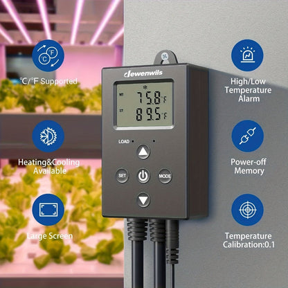 Digital Temperature Controller Thermostat Outlet Heating Cooling Mode 14°F-140°F LCD Display Buzzer for Garden, Patio and Yard Use
