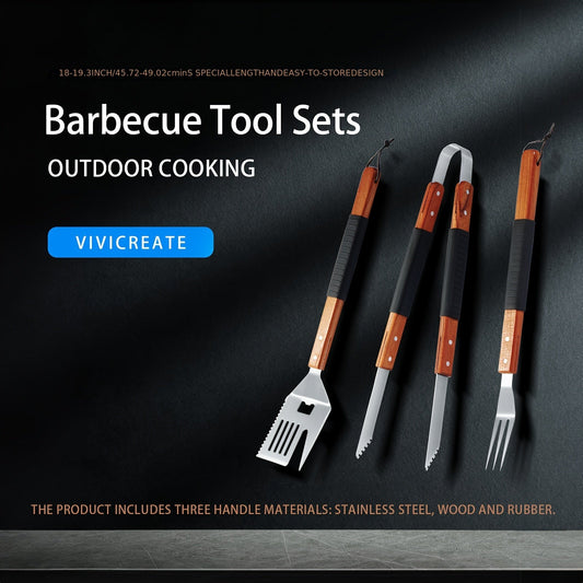 BBQ Grill Tool Set Stainless Steel – 430 Food-Grade Fork, Knife & Griddle Tools with Click Assembly Design