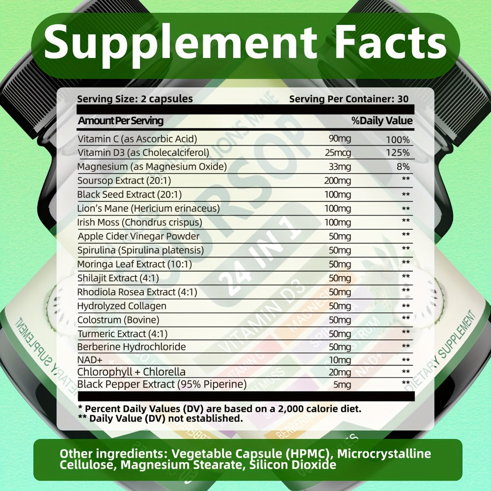 Soursop Capsules Advanced Herbal Supplement with Shilajit, Irish Moss, Berberine & NAD+, Immunity