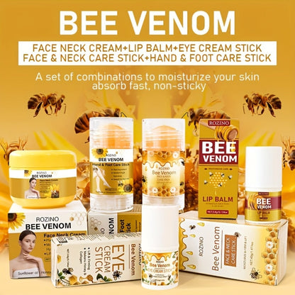 Skincare Set with ROZINO Label, 5 Bee Venom and Vitamin C Items for Lip Face Neck Hand and Foot Care