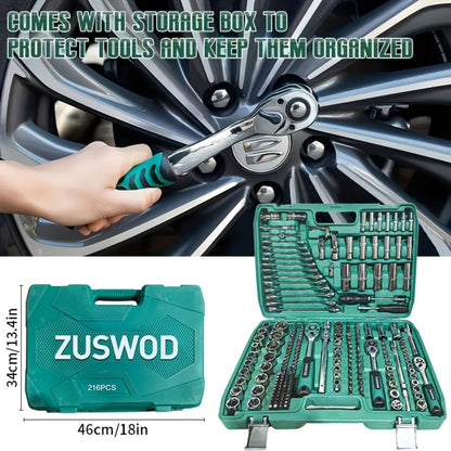 216-Piece Professional Socket Set 1/4" 3/8" 1/2" Drive – S2 & CR-V Steel Ratchet Wrench Kit with Deep & Standard Sockets for Auto Repair