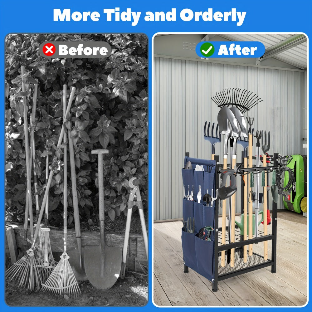 Tool Storage Rack with Storage Bag, Metal Yard Tool Organizer for Garage Holds 35 Long-Handled Tools