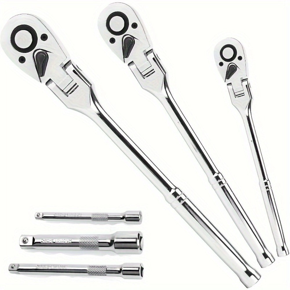 6-Piece Ratchet Wrench Set 1/4" 3/8" 1/2" Drive – Rotating Head Ratchet with Extension Bar, Chrome-Plated Stainless Steel
