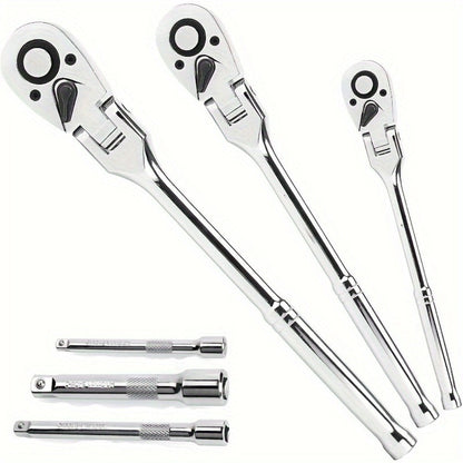 6-Piece Ratchet Wrench Set 1/4" 3/8" 1/2" Drive – Rotating Head Ratchet with Extension Bar, Chrome-Plated Stainless Steel