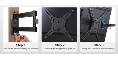 Black Single-Arm TV Wall Mount with Swivel, Screen-Plate Rotation and Articulating Extension