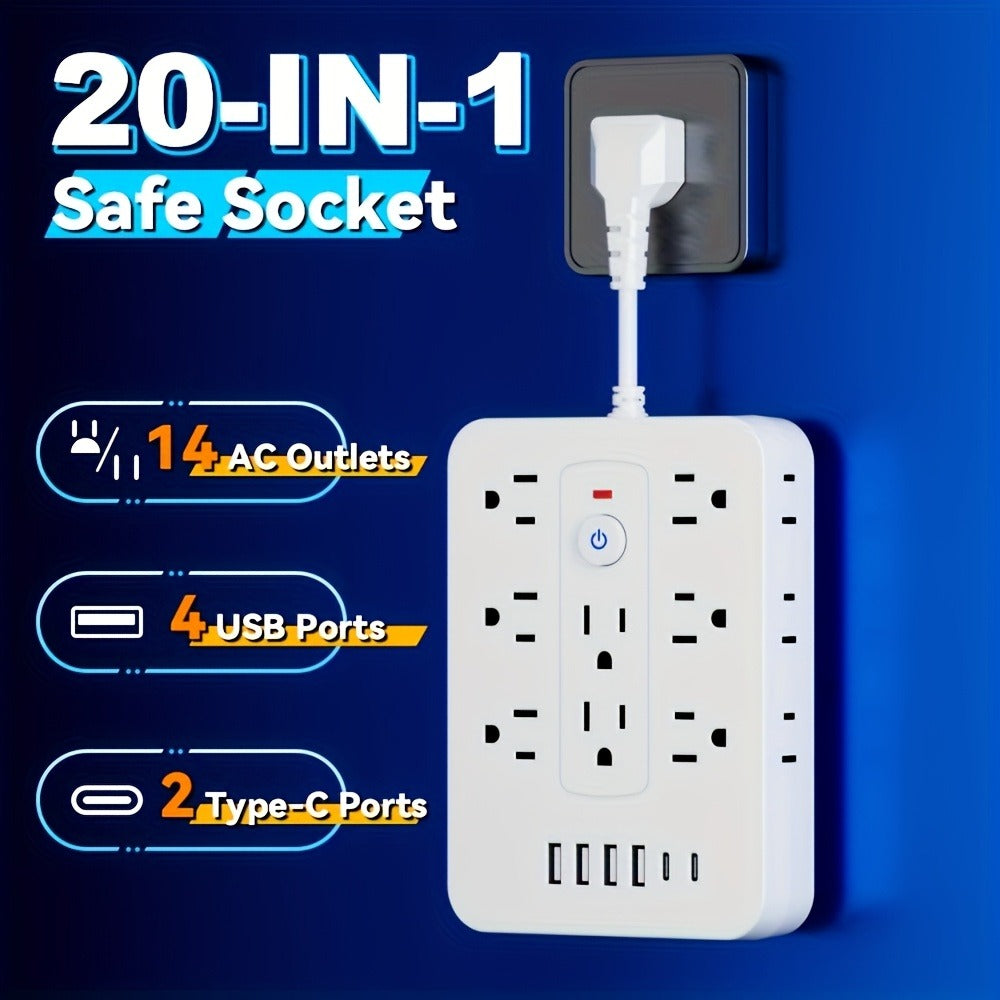 Compact Flat Plug Power Strip 20-in-1, 14 AC Outlets & 6 USB Ports (4 USB-A + 2 USB-C), Lightning Surge Protection