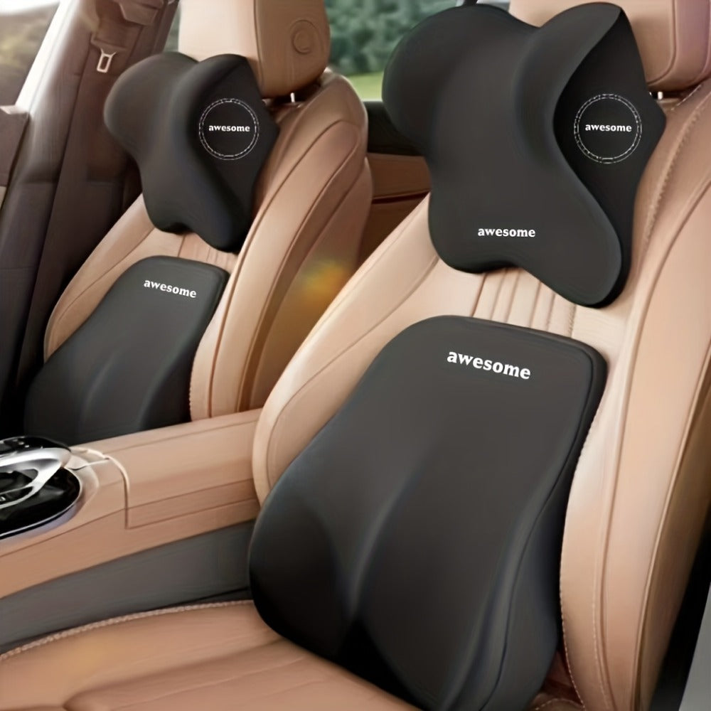 Car Neck Pillow and Lumbar Cushion Set in Black with Memory Foam Fill, Straps and 27 x 29cm and 39 x 38cm Sizes