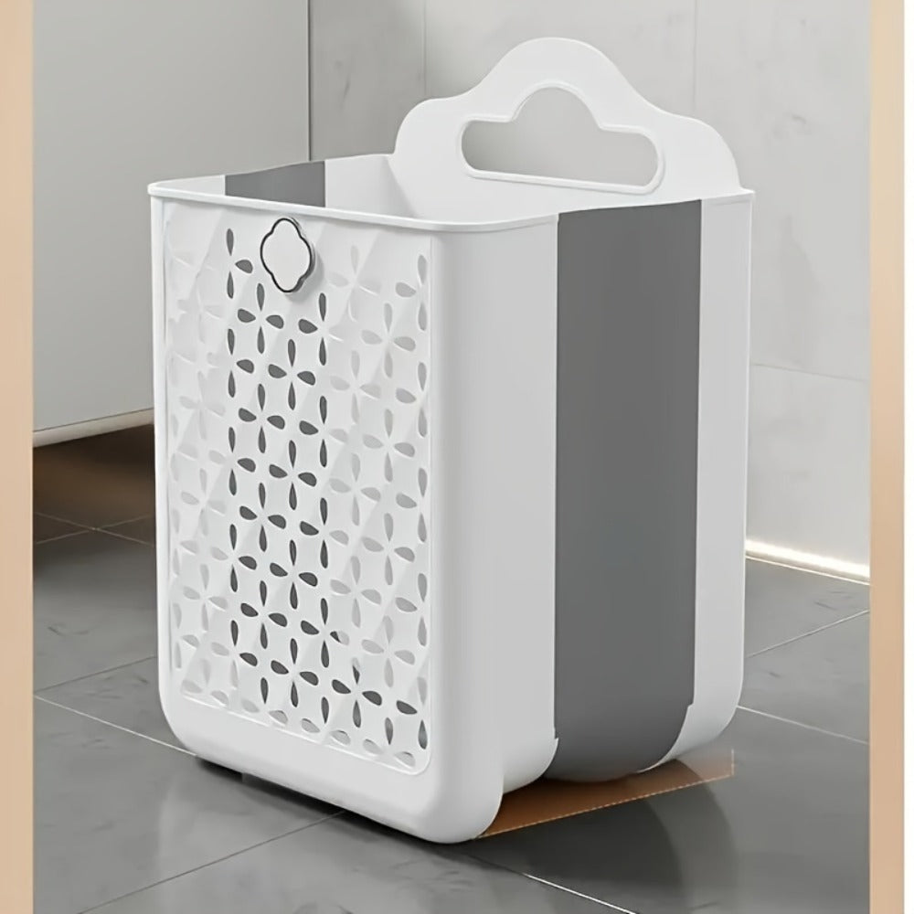 White Wall-Mounted Foldable Laundry Basket with Cutout Panels, Carry Handle and 39 cm Height