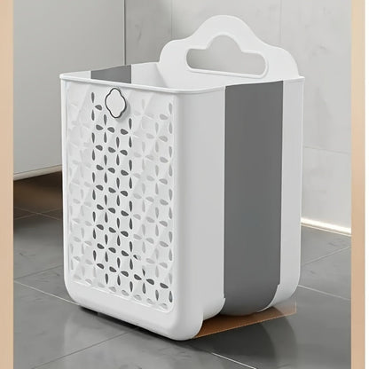White Wall-Mounted Foldable Laundry Basket with Cutout Panels, Carry Handle and 39 cm Height