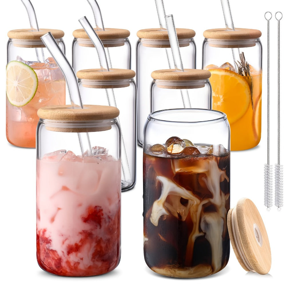 Glass Coffee Cup Drinkware Set, 16oz Clear Cups with Bamboo Lids, Glass Straws and Brushes in 4 to 16 Pieces