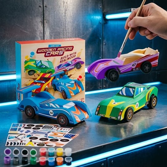 DIY Wooden Race Cars 4pcs Build & Paint Kit for Kids Ages 8+, 44 Pre-Cut Pieces 12 Colors Racing Stickers