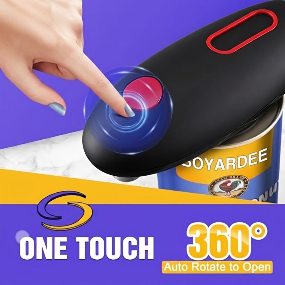 Elongated Cordless Can Opener with Raised One-Click Button in Red or Black Battery-Powered Models