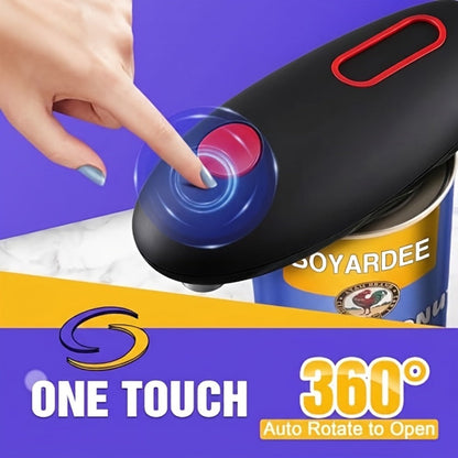 Elongated Cordless Can Opener with Raised One-Click Button in Red or Black Battery-Powered Models