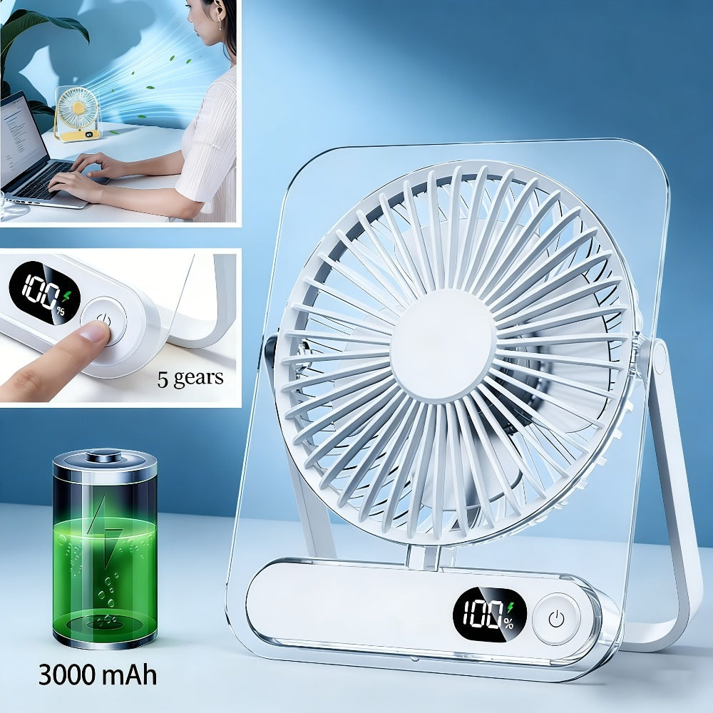 Portable USB Desktop Fan 3000mAh Battery, Ultra-Quiet 5-Speed Foldable Fan with 180° Adjustable Tilt and Digital Power Display