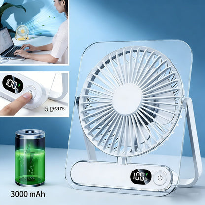 Portable USB Desktop Fan 3000mAh Battery, Ultra-Quiet 5-Speed Foldable Fan with 180° Adjustable Tilt and Digital Power Display