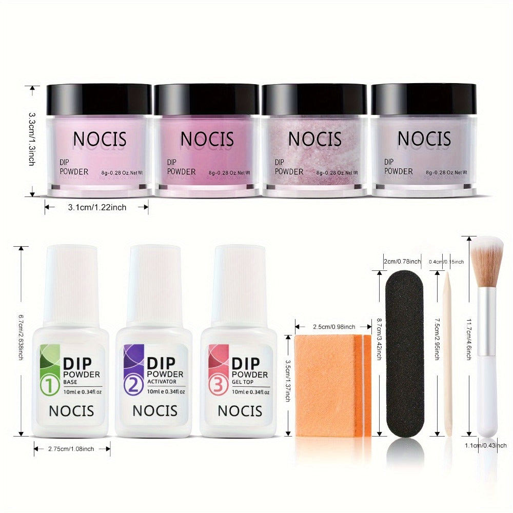 Dip Powder Nail Kit with NOCIS Label, Four Nude Pink Glitter Powders, Three 10ml Liquids and Four Tools