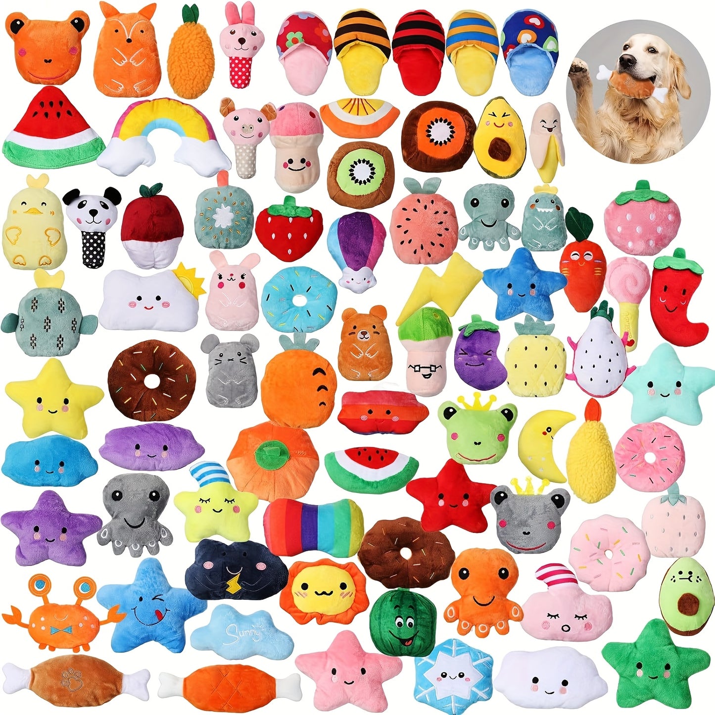 Puppy Chew Toys, Squeaky Plush Dog Toys 80pcs Bulk Set – Colorful Fruit & Animal Shaped Stuffed Toys for Small Medium Dogs