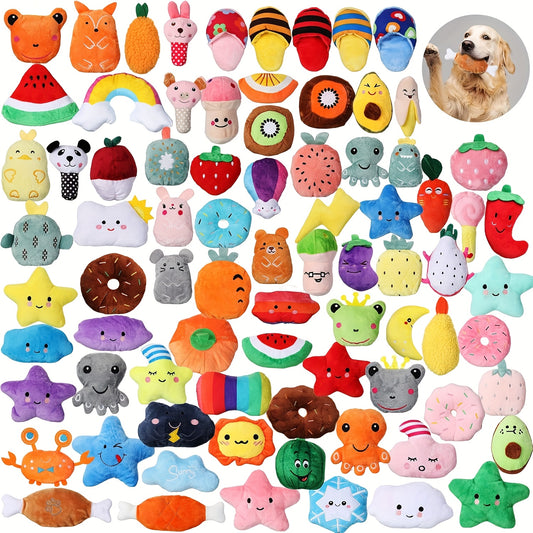 Puppy Chew Toys, Squeaky Plush Dog Toys 80pcs Bulk Set – Colorful Fruit & Animal Shaped Stuffed Toys for Small Medium Dogs