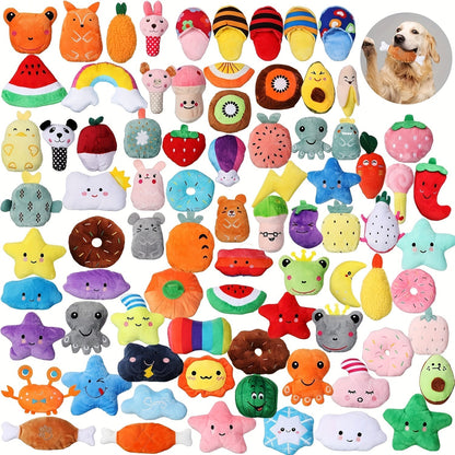 Dog Toys 80-Piece Squeaky Plush Assortment with Fruit, Animal and Novelty Shapes for Small or Medium Dogs